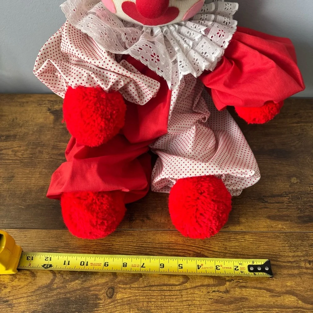 Vintage Large 26‎ Inch Cloth Clown Doll Red White Polka Dot Lace Yarn Hair